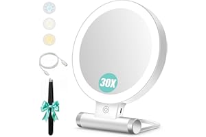 B BEAUTY PLANET Lustro powiększające ze światłem, 30X/1X dwustronny blat przenośne podświetlane lusterko kosmetyczne do makijażu