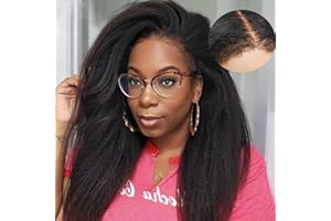 ROMFACE 13x4 Perruque Bresilienne Yaki Lace Wig Human Hair Perruque Femme Naturelle Brésilien 180% Density Yaki Cheveux Humain Pré-plumé Kinky Straight Human Hair Wig With Edges Hairline 18 Pouces