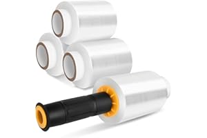 Suimlmta 4 Rolls Mini Shrink Wrap 150m x 100mm x 20μm Pallet Wrap with a Handle Clear Plastic Stretch Wrap Cling Film for Industrial, House Moving, Packing, Furniture Wrapping, Storage