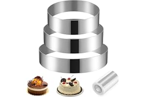 DOMEILLEUR 3 pcs Cercle a Patisserie 10 15 20cm, Cadre Pâtissier Rond Inox Argent avec Collier à Gâteau, Moule Cercle à Gateau Cookie Cutter Cadre Moule Entremet Fondant Gelée Mousse Argent Accessoire Patisserie
