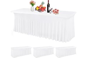 TERUNTRUE 3 Packungen Spandex-Tischröcke für rechteckige Tische, 2,4 m, weiße Stretch-Tischdecke, Tischdecke, knitterfeste Stoff-Tischdecke mit Rock, Spandex-Tischrock für Bankette, Messen