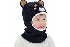 AYPOW Bonnet Cagoule Enfant Fille Garçon 4-8 Ans, Tricot Bébé Bonnet Cache-Cou Ensemble Hiver Chapeaux Écharpe Capuche Thermique Doux Doublé en Polaire Cache Oreilles pour Tout-Petit Plein Air