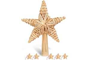BLUELVES Weihnachtsbaumspitze Stern aus Stroh, Christbaumspitze Stern, Baumspitze Stern Weihnachten Handgemachter, Strohstern Spitze Groß mit 5pcs Mini Strohstern für Weihnachtsbaumschmuck