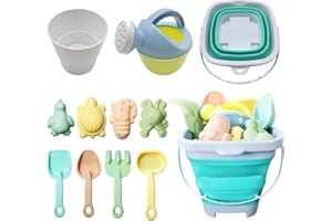 Yhjxly Juego de 11 juguetes de playa para niños, incluye cubo plegable, pala, rastrillo, moldes y más, ideal para playa y verano