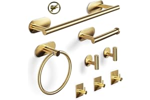 Virklyee Conjunto Toallero Toallero de 8 Piezas Toallero de Acero Inoxidable Anillo de Toalla Portarrollos para Papel Higiénico 5 Gancho Montado en la Pared Accesorios de Baño Autoadhesivo (Oro)