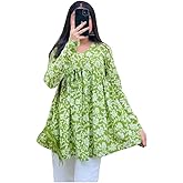 TAJ FASHION Women’s Floral Printed A-Line Tunic Top | Long Sleeve V-Neck Flowy Rayon Short Kurti Top for Casual