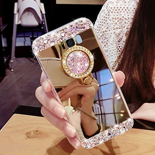 for Samsung Galaxy S8 Case Silicone Mirror,Areall [with Ring Stand Holder] Glitter Luxury Crystal Rhinestone Soft Slim Flexible Rubber Shockproof Makeup Back Cover Bumper for Samsung Galaxy S8-Gold
