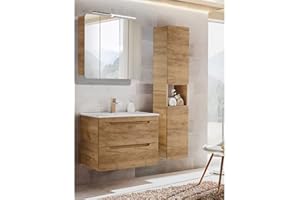 Lomadox Badezimmermöbel Komplett Set Eiche 81 cm Waschtisch, LED-Spiegelschrank, Hochschrank