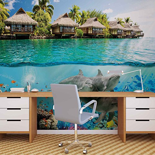 Insel Paradies Ozean Delfine Fische- Forwall – Fototapete – Tapete – Fotomural – Mural Wandbild – (3193WM) – XL – 208cm x 146cm – VLIES (EasyInstall) – 2 Pieces - 3