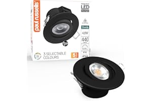 paul russells LED Recessed Tilt Downlights, 4.8W 440LM, Adjustable Warm/Cool/Day White CCT, IP44 Rated, Not Dimmable, Round Spotlights for Kitchen, Living & Bathroom, Hallways Ceilings 1-Pack (Black)