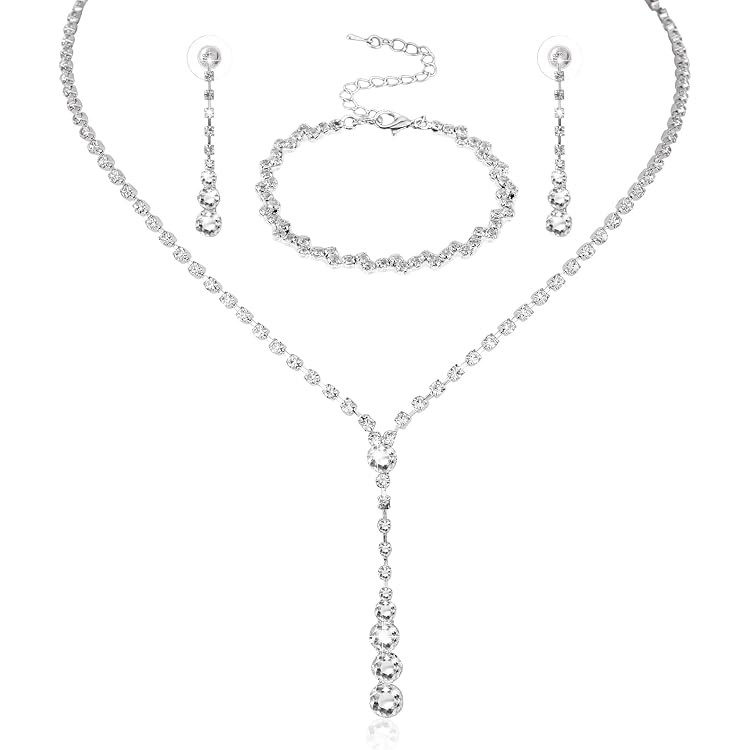 Women’s Wedding Jewelry Set – Rhinestone Necklace, Earrings & Bracelet – 150 White Crystals, 3-Piece Set - View #3