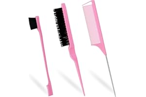 Sularpek 3 Pcs Slick Brush Set, Plastic Bristle Hair Brush Teasing Comb Edge Hair Brush Teasing Brush Set, Rat Tail Comb Double Sided Edge Brush, for Hairdresser Women Baby Children (Pink)