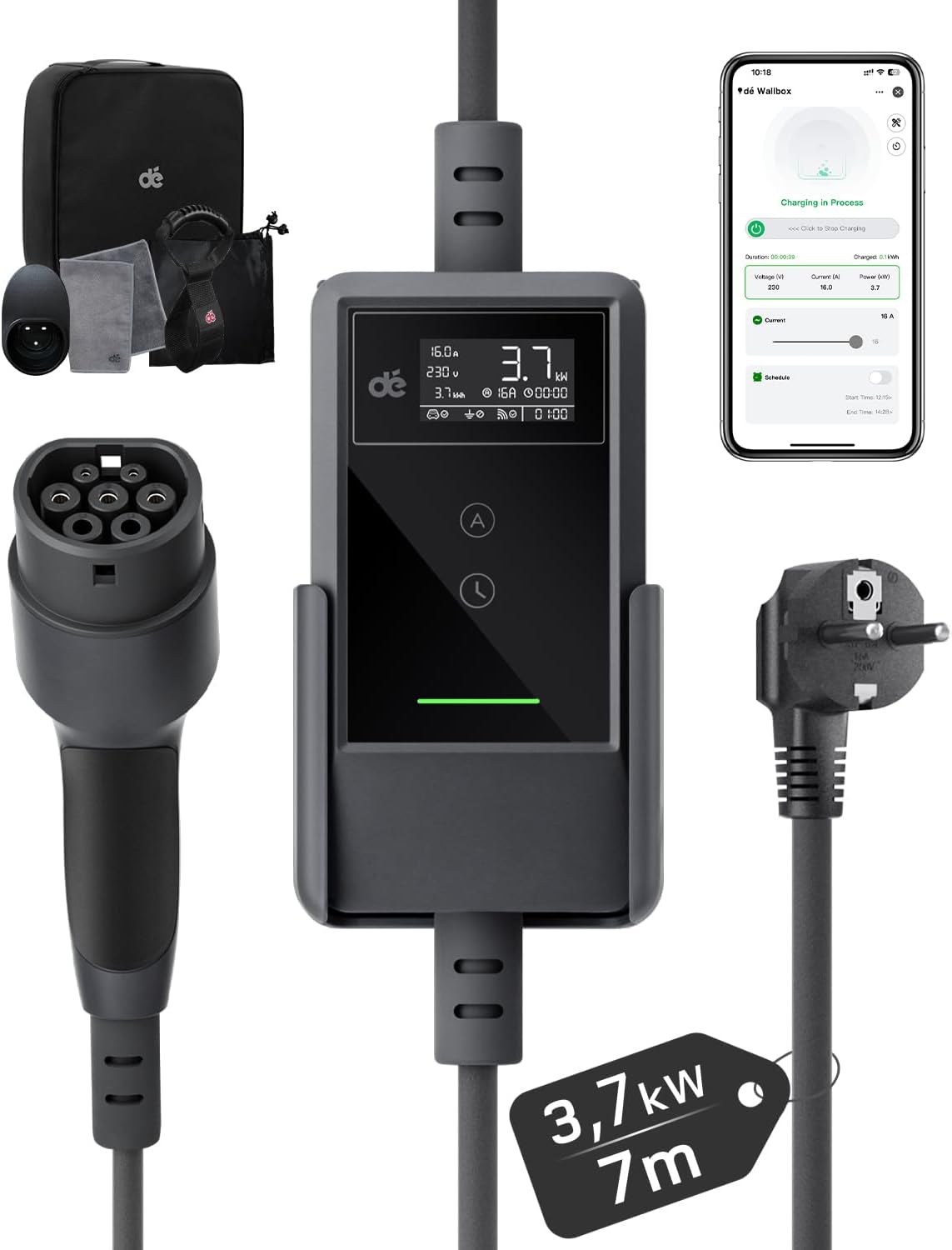 dé Chargeur Voiture Electrique App 3,7kW 7m 6-16A Réglable Type 2 Schuko | Plug & Play avec écran LCD, IP66 et DDR Type A 30mA AC+ 6mA DC, Câble de Recharge Voiture Electrique pour EV/PHEV, Noir