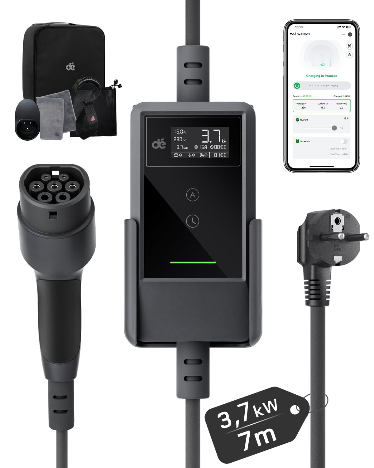 Dé Elektrische autolader, 3,7 kW, 7 m, 6/8/10/13/16A, oplaadkabel voor elektrische auto's, type 2, met wandhouder, digitaal LCD, compatibel met E-208, Model Y, E-Tech, 500e en andere EV/PHEV