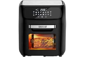 Bakaji Forno Friggitrice ad Aria Calda Frigge Cuoce Griglia Essicca Senza Olio Airfryer Capacità 12Lt Display LED Touch 12 Programmi Timer Regolazione Temperatura Potenza 1800W (Nero)