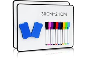Hisredsun 2 Pack A4 Magnetic Whiteboard, Double Sided Dry Erase White Boards, Mini Whiteboard with 10 Pens and 2 Erasers, Durable Portable Small White Boards for Home, Office, Classroom