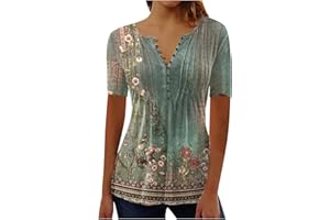 MRGIINR 2024 Summer Women Tunic Tops UK Short Sleeve Button Down V Neck Feather Graphic Oversized Flowy Hide Belly Pleated Dressy Casual Henley T Shirts