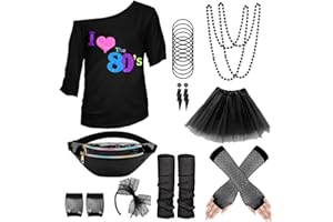 WILDPARTY Kit Déguisement Année 80 Accessoire Femme, T-Shirt, Tutu, Sac Banane, Bandeau, Boucle d'Oreille, Collier, Gants Résille, Vêtements Années 80 Néon Tenu 80s Thème Soirée Carnaval Femme Fille