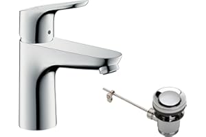 hansgrohe Focus - Mitigeur de lavabo avec tirette et vidage, Robinet de salle de bain avec hauteur sous bec 100 mm, économie d'eau (EcoSmart), Chromé