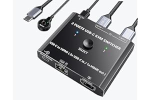 Camgeet Switch KVM USB C 2 PC 1 monitor 4K @60Hz, switch KVM tipo C per 2 computer portatili, condivisione 1 monitor e mouse/tastiera, KVM Switch USB-C HDMI con 2 cavi USBC e controller desktop