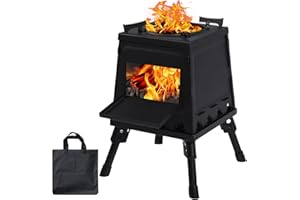 campMax Wood Burning Camp Stove, Portable Cast Iron Camping Wood Stove, Black Woodstove with Carrying Case for Backpacking Outdoor Cooking, Large
