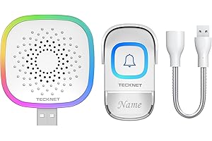 ‎TECKNET TECKNET Funkklingel mit USB Empfänger, IP65 Aussen Wasserdicht Klingel Haustür mit RGB Licht, Mini Kabellose Türklingel Set, Verlängerungsstab, 400m Reichweite, Klingel 60 Melodien 5 Stufen Volumes