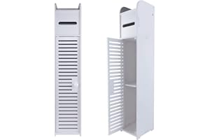 Autofather Free Standing Toilet Roll Holder Cabinet, White Wooden Toilet Roll Storage Unit With Shelf, Narrow Organizer Shelf Paper Holder 81x16x16cm