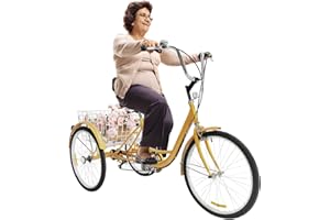 Balider Tricycle pour adultes seniors, 6 vitesses, 3 roues, avec panier, vélo de ville, 209,44 lb, avec garde-boue et lumières réfléchissantes, jaune, MBUYI-720