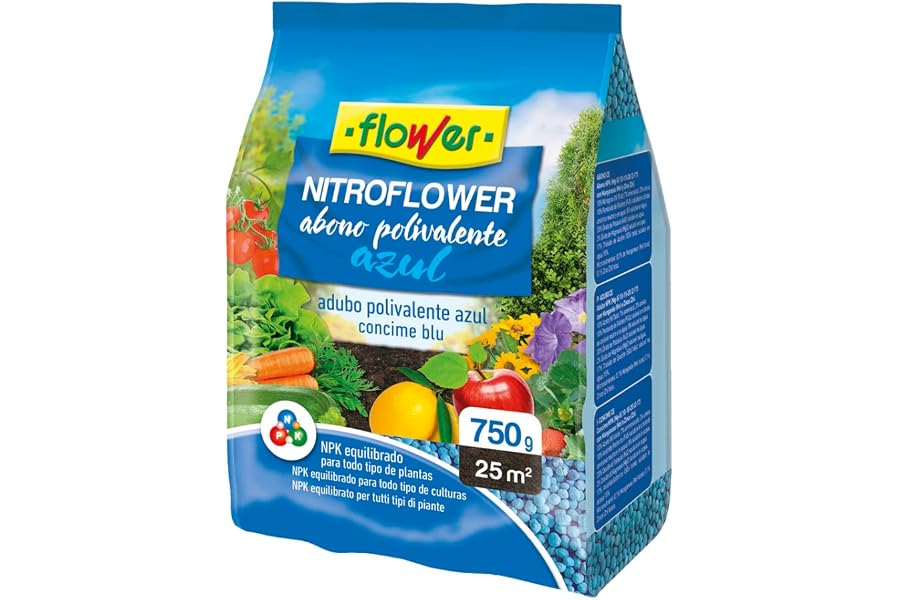 Flower - Nitroflower Abono Polivalente Granulado Azul 750 g | NPK 10-10-20 con Mg, S y Micronutrientes | Cobertura de 25 m² |