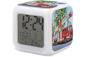 HUA5D Reveil Enfant Numérique,Thème Camion De Pompier Veilleuse À 7 Couleurs Changeantes Wake Up Light,Réveil De Chevet Garçon Fille,avec Date Calendrier Température,A11