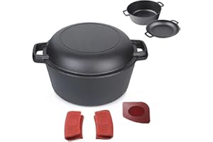 Pinnacle Cookware - Cocotte Double en Fonte Pré-Assaisonnée de 4,7 litres/5 pintes | Couvercle de Poêle à Double Fonction | Ensemble de Cuisine 2 en 1 | Marmite en Fonte | Poignée Couvre et Grattoir