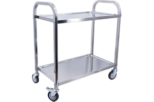 TAIMIKO Desserte Cuisine à roulettes 2 Plateaux Chariot de Service INOX Chariot de Restaurant avec roulettes, Rangement Mobile Plateau