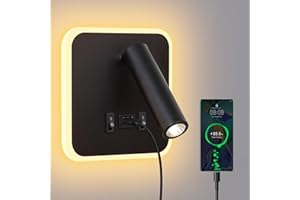 ERWEY Lampa Ścienna LED 3 W + 8 W, Lampka Do Czytania z Przełącznikiem i Ładowaniem USB, Wychylna Lampka Nocna Do Sypialni, Czarna