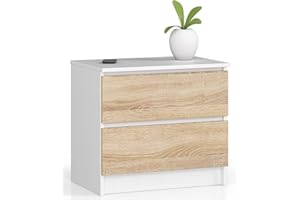 ‎AKORD AKORD Kommode K60 mit 2 Schubladen | für das Wohnzimmer Schlafzimmer Schrank Büro Arbeitszimmer | Modernes Funktionales Design | B60 x H55 x T40 cm, Gewicht 20kg | Weiß/Sonoma-Eiche