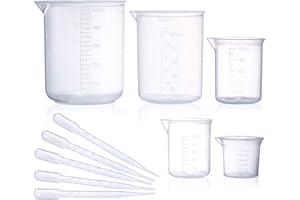 YIZEREL Plastic Beaker Set, 5 Sizes Low Form Measuring Graduated Griffin Polypropylene Beakers in 500 ml, 250 ml, 100 ml, 50 ml, 25 ml for Laboratory, Science Experiments with 5 Plastic Droppers in 3 ml