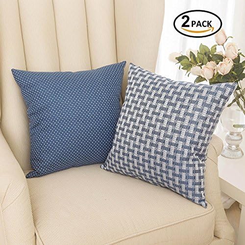 UCKPICASE Set of 2 Linen Cushion Cover Dots and Checkers Woven Textured Nautical Lined Square Decorative Toss Throw Pillow Covers Pillowcases for Chair/Bed Linen, 18inch (45cm), White/Navy Blue