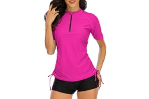 Halcurt UV Shirt Damen Kurzarm Rash Guard 1/4 Zip UPF 50+ Badeshirt Bademode Schnell Trocknender Schwimmshirt Tankini S-XXL