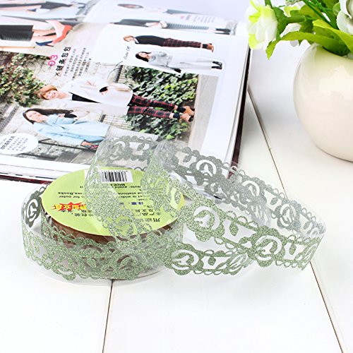 5 Rollen Lace Decor Kreatives Klebebänder Glitter Gold Pulver Spitzenband Selbstklebend Washi Tape Spitze Dekobänder Papier Aufkleber Kunsthandwerk DIY – ca. 100×18 mm (Grün) - 4