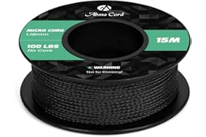 Abma Cord Micro Cord 1.18mm Paracord 15M Spool Utility Braided Cord - Max. 45kg (100lbs) - Black