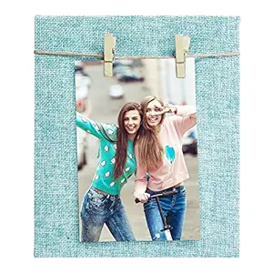 Story@Home Jute Fabric Cover Dual Clip Photo Frame with Wooden Clip and Twine Rope - Light Blue