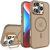 Babilden iPhone 16 Pro Max i&ccedil;in Kılıf Kamera Korumalı Magsafe Wireless Şarj &Ouml;zellikli Mat Şeffaf Standlı Titanyum Gold Renkli