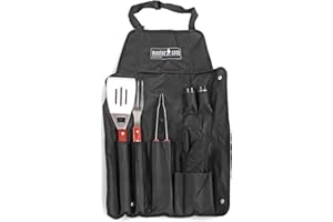 BRIGROS MasterCook – Kit de Accesorios Profesionales de acero para Barbacoa con Delantal, Juego de Accesorios BBQ con Pinza, Horquilla, espátula y Guante, Accesorios para Barbacoa