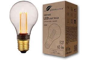greenandco LED Vintage Glühbirne zur Stimmungsbeleuchtung | dimmbar | E27 A60 | klar | 2,3W 65lm | 1800K extra warmweiß | 320° | 230V | flimmerfrei | Edison Glühbirne