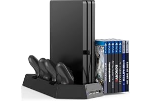New World Universal Vertical Stand for PS4 Slim/Pro/Regular Playstation 4, Controller Charger with Cooling Fan Games Storage Dual Charging Station for DualShock 4 Wireless Controllers