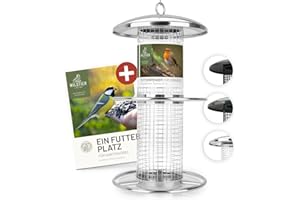 wildtier liebe Vogelfuttersäule Edelstahl 26cm, Silber - Erdnussfutterspender aus rostfreiem Edelstahl, Vogel Futterstation, Futtersäule, Nüsse Erdnüsse, Wildvögel Futtersilo