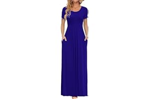 AUSELILY Damska sukienka maxi z krótkim rękawem, luźna, z kieszeniami