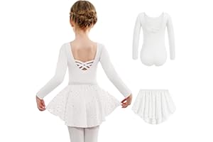 Arshiner Vêtements de Ballet pour Filles en Coton Dos Nu, Robe de Danse, Justaucorps de Danse à Manches Longues avec Jupe irrégulière en Mousseline de Soie, Justaucorps de Danse Tutu 2-10 Ans