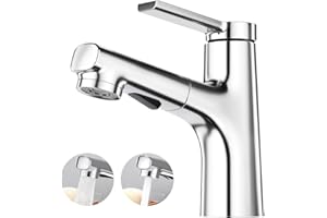 CREA Pull Out Bathroom Mixer Basin Tap, One Hole Monobloc Single Lever with Extendable 2 Functions Sprayer, Brass Chrome Polished Finish, UK Standard
