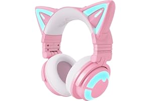 YOWU RGB Cat Ear 3G Wireless Cuffie Cuffie da gioco pieghevoli con suono surround 7.1, microfono integrato e luce ed effetti personalizzabili tramite APP, cavo audio caricabatterie di tipo C -Rosa