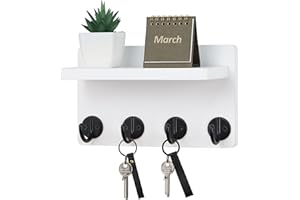 Nekon Key Holder Wall Mount, 8.5 Inch Small Home Decor Wooden Wall Organizer with 4 Hooks and Shelf, Wall Decor for Living Room Entryway Kitchen (White)